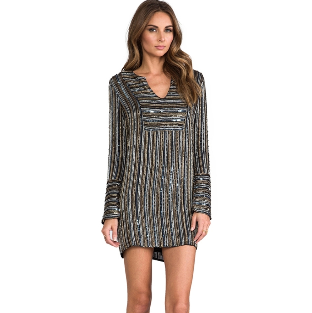 Torn by Ronny Kobo Black Silver and Bronze Beaded Sequin V Neck Mini Dress Small